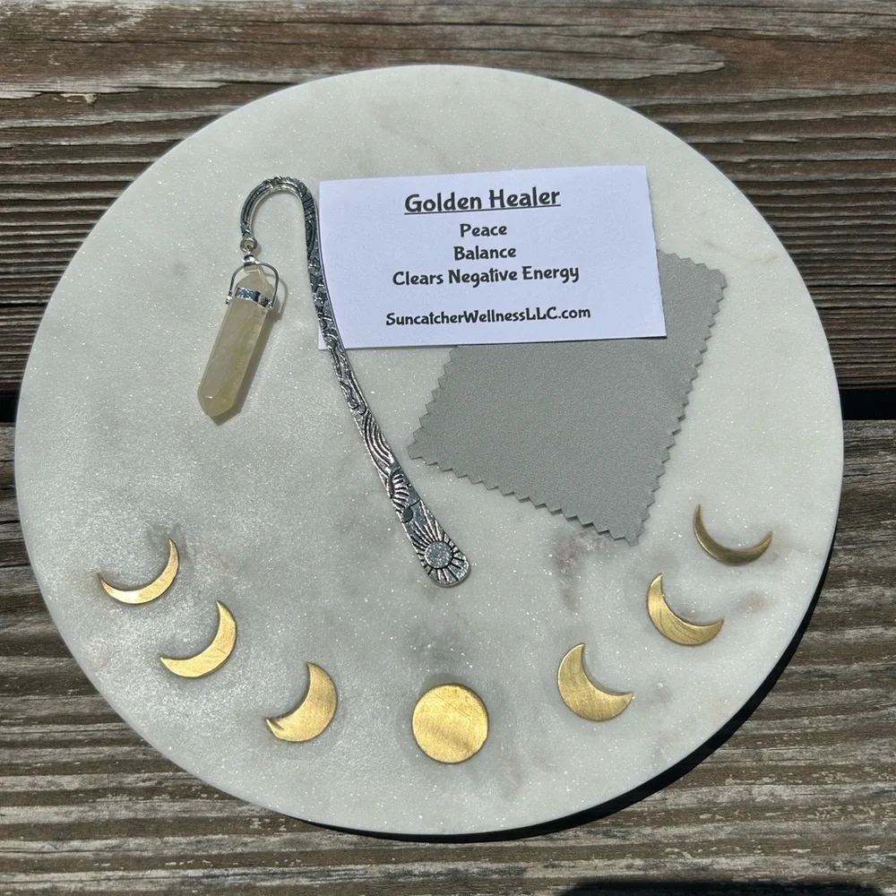 Golden Healer Sun and Rainbow Metal Crystal Bookmark